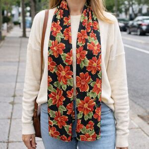 Red Poppy Floral Black Chiffon Scarf 58"x14" Lightweight Wrap